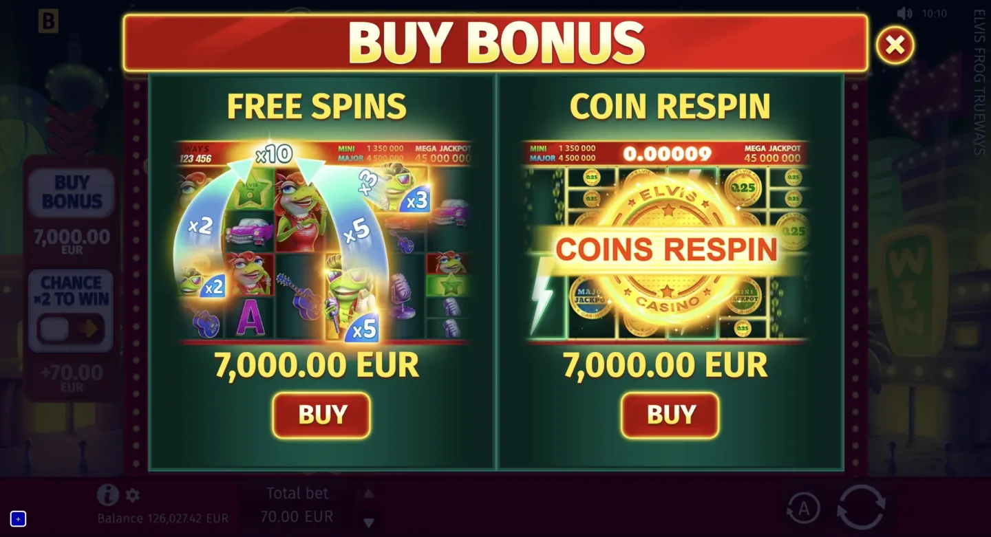 Elvis Frog TRUEWAYS — меню Buy Bonus: Free Spins или Coin Respin