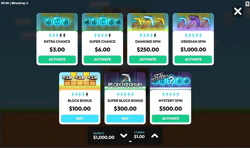 Mine Drop 2 bonus menu — Extra Chance, Diamond / Obsidian spins and Block Bonus buys