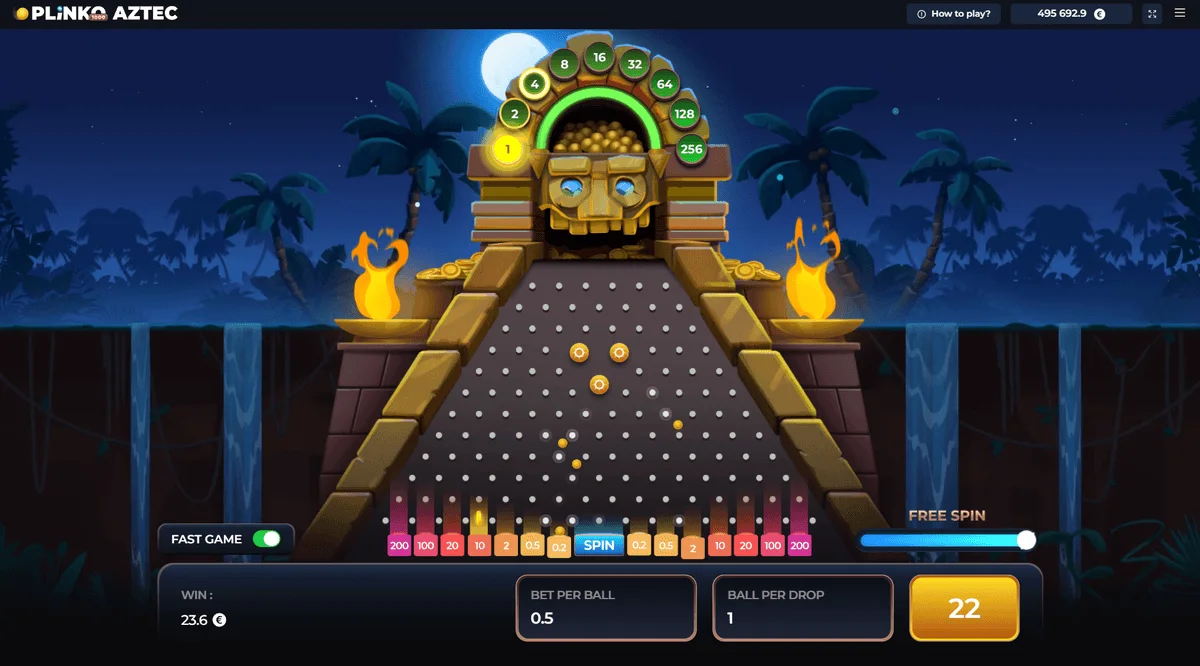 Plinko Aztec — шар падает через штифты пирамиды