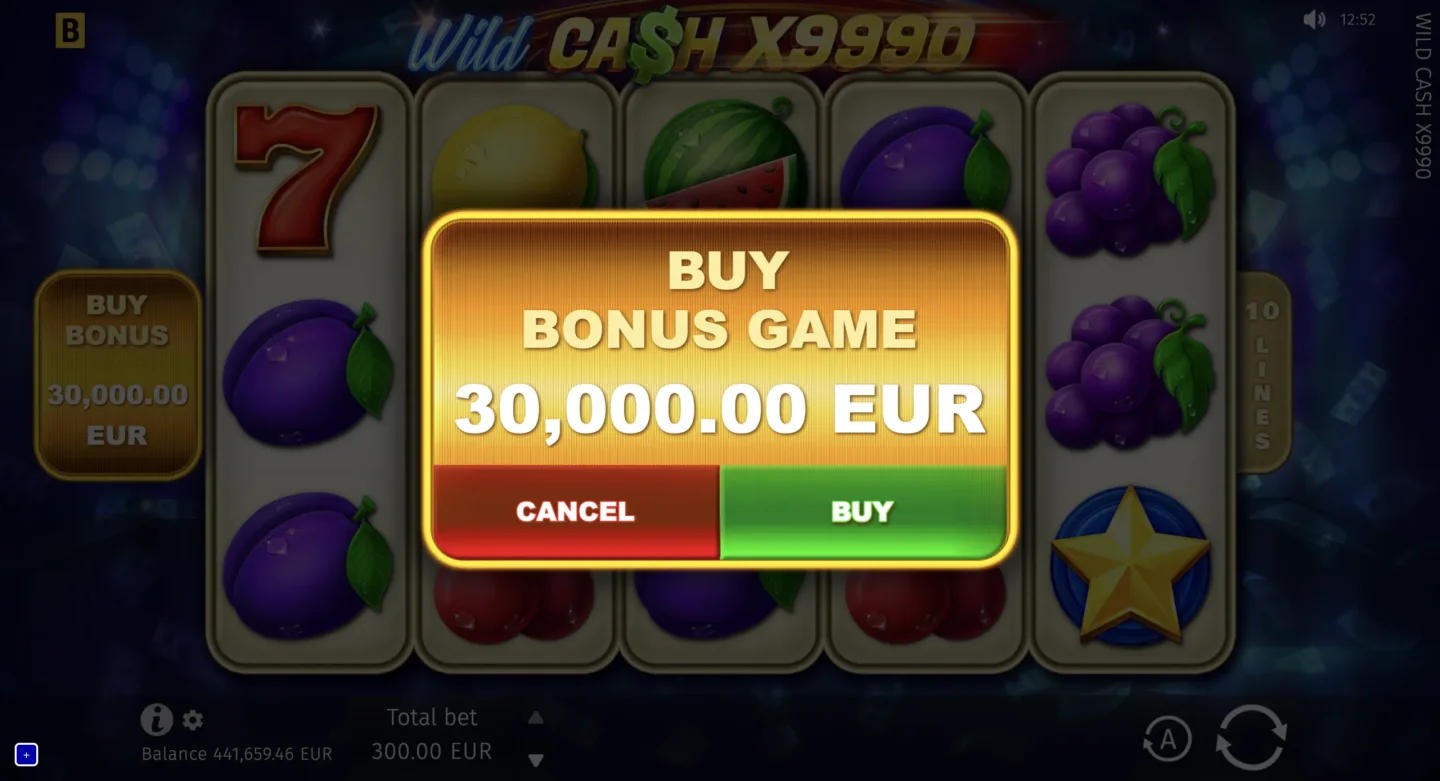 Wild Cash x9990 — подтверждение покупки Bonus Game